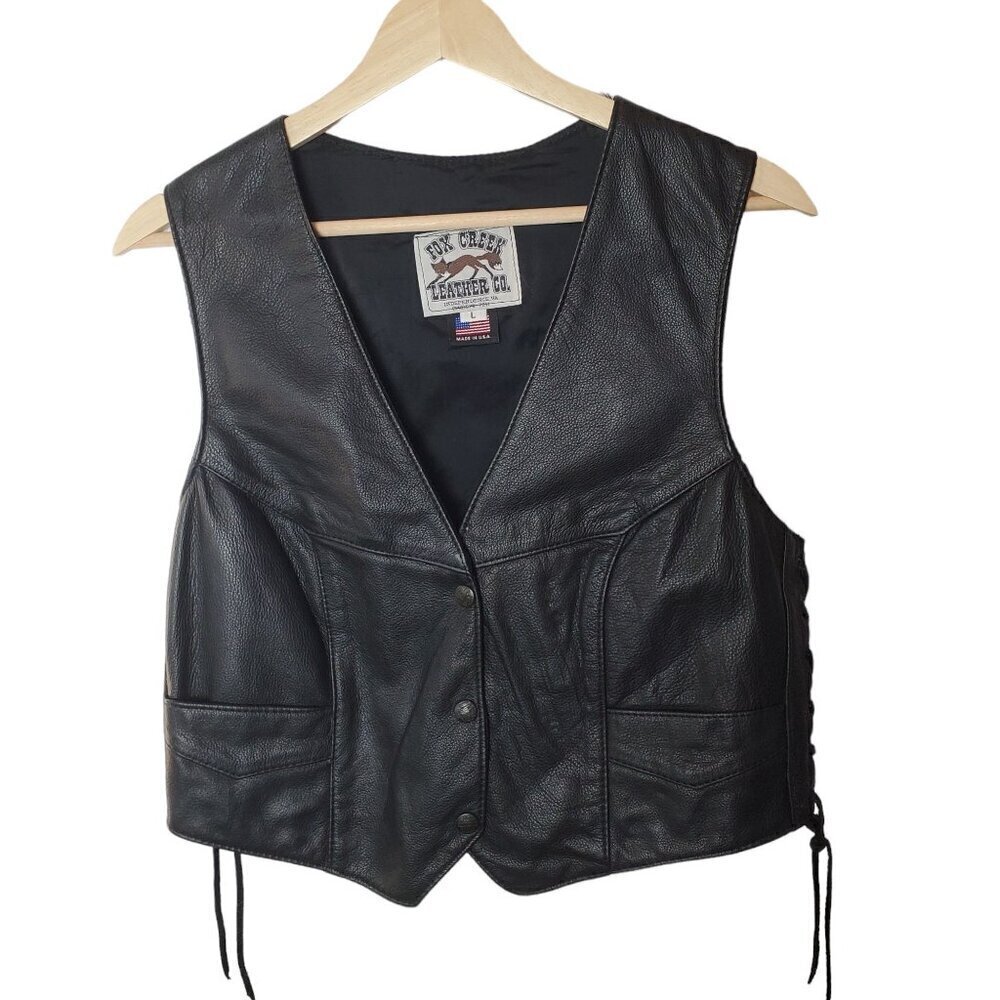 Vintage Fox Creek Leather Vest Womens Large Adjustable Laceup Side Biker Moto